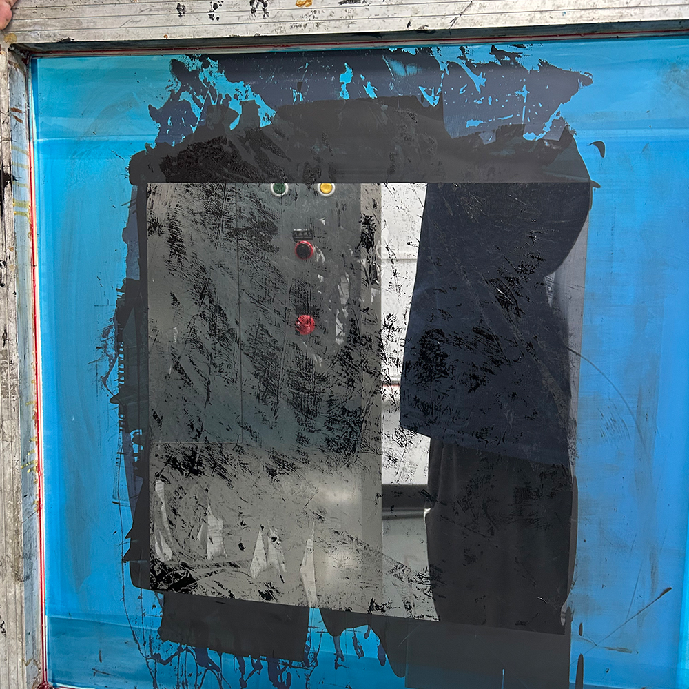 Silk-screen printing frame with ink and emulsion residue before cleaning